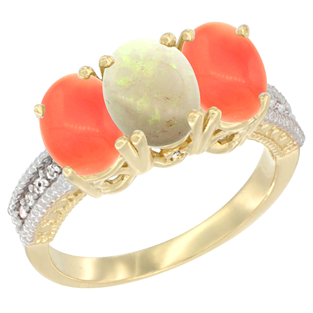 14K Yellow Gold Natural Opal Ring with Coral 3-Stone 7x5 mm Oval Diamond Accent, sizes 5 - 10