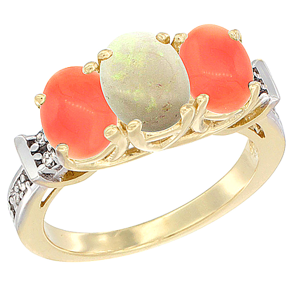 10K Yellow Gold Natural Opal & Coral Sides Ring 3-Stone Oval Diamond Accent, sizes 5 - 10