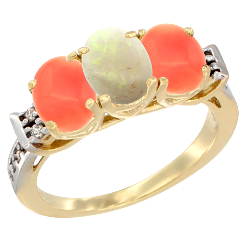 10K Yellow Gold Natural Opal &amp; Coral Sides Ring 3-Stone Oval 7x5 mm Diamond Accent, sizes 5 - 10