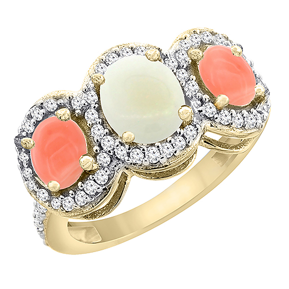 14K Yellow Gold Natural Opal & Coral 3-Stone Ring Oval Diamond Accent, sizes 5 - 10
