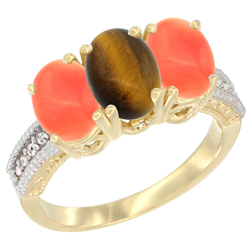 14K Yellow Gold Natural Tiger Eye Ring with Coral 3-Stone 7x5 mm Oval Diamond Accent, sizes 5 - 10