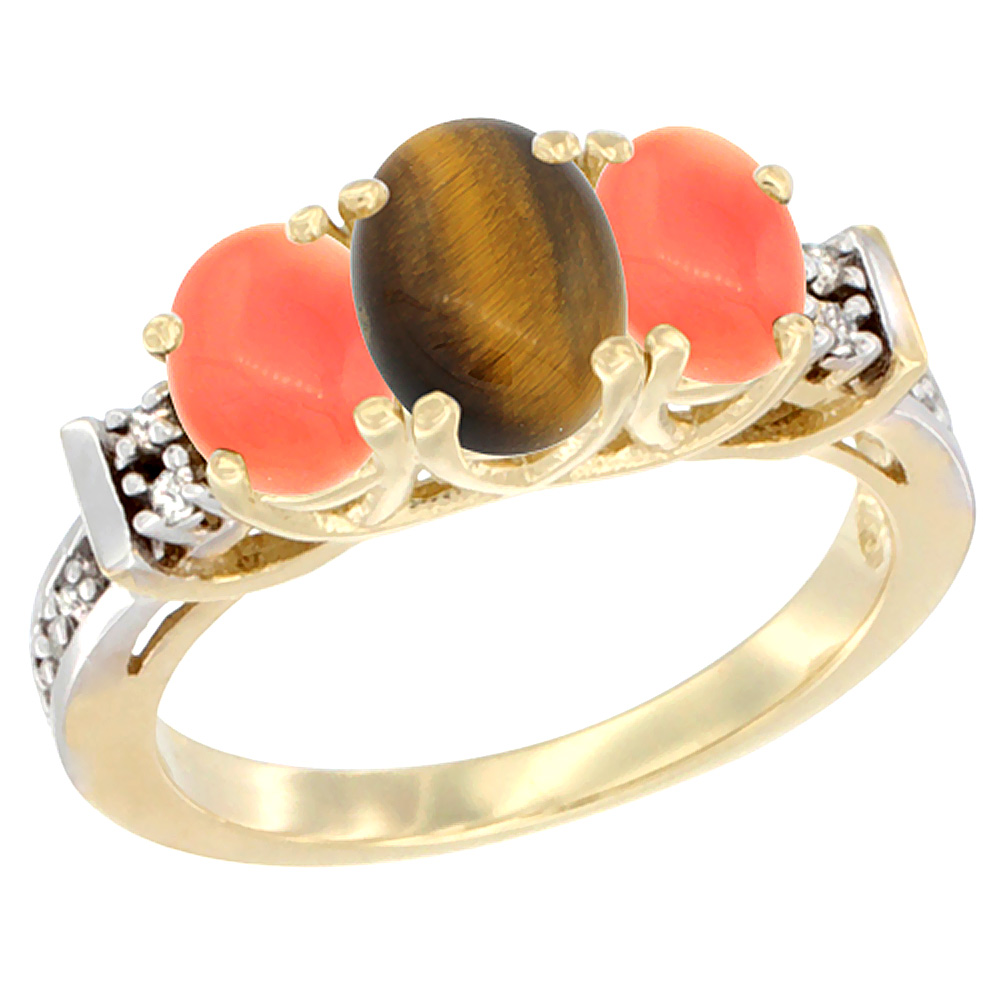14K Yellow Gold Natural Tiger Eye &amp; Coral Ring 3-Stone Oval Diamond Accent