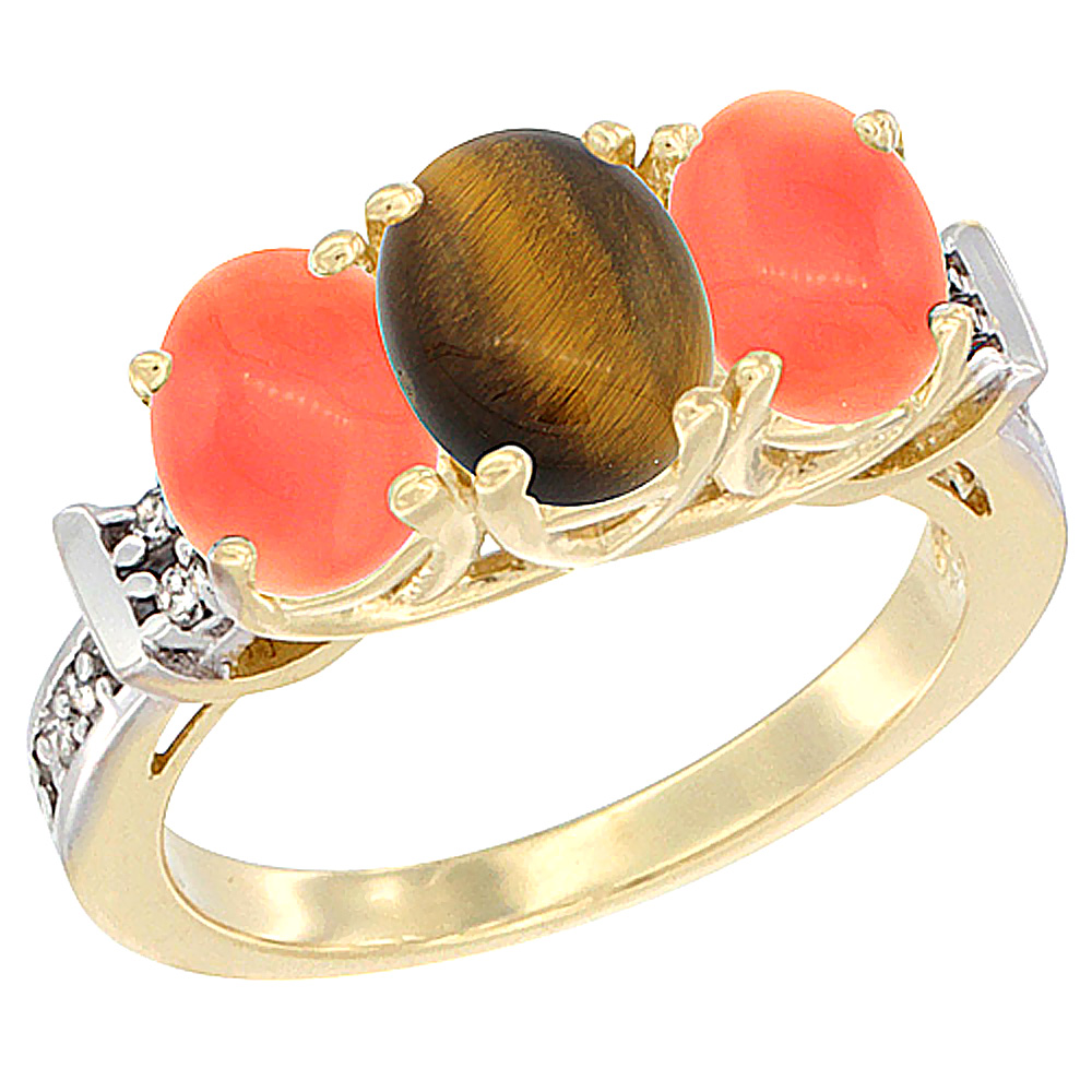 14K Yellow Gold Natural Tiger Eye &amp; Coral Sides Ring 3-Stone Oval Diamond Accent, sizes 5 - 10