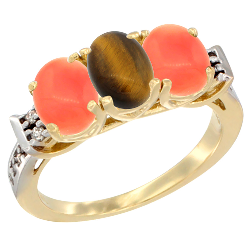 10K Yellow Gold Natural Tiger Eye & Coral Sides Ring 3-Stone Oval 7x5 mm Diamond Accent, sizes 5 - 10