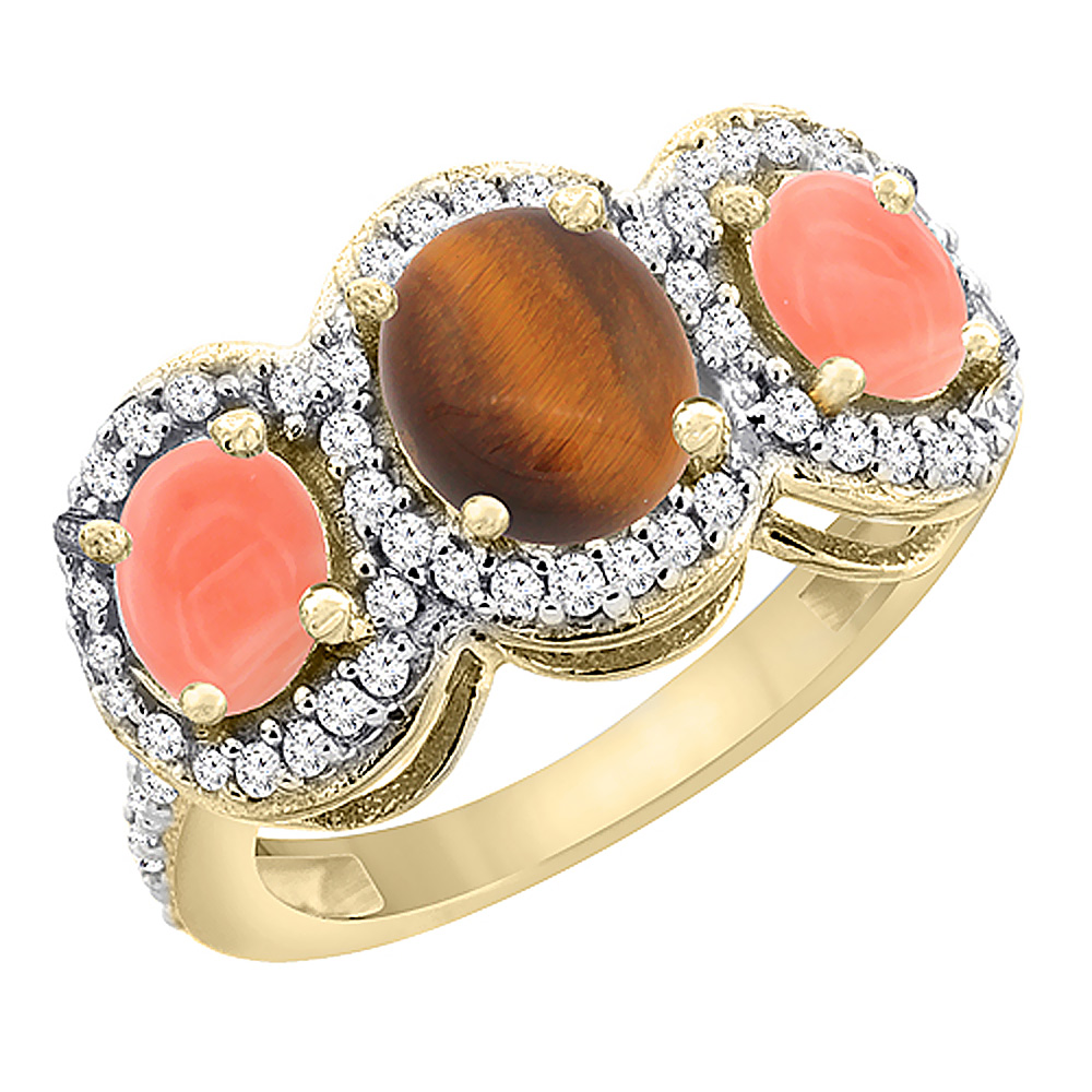 14K Yellow Gold Natural Tiger Eye & Coral 3-Stone Ring Oval Diamond Accent, sizes 5 - 10