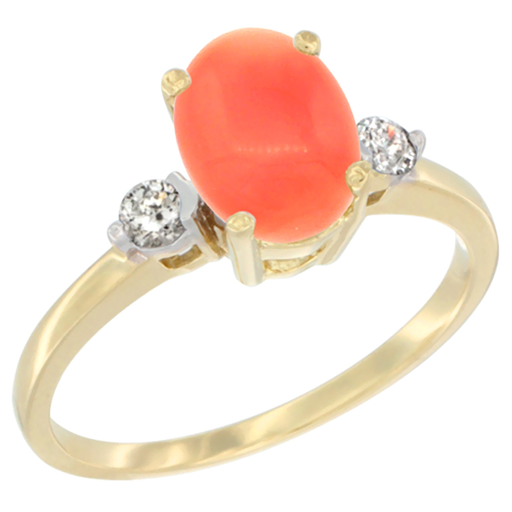 14K Yellow Gold Natural Coral Ring Oval 9x7 mm Diamond Accent, sizes 5 to 10