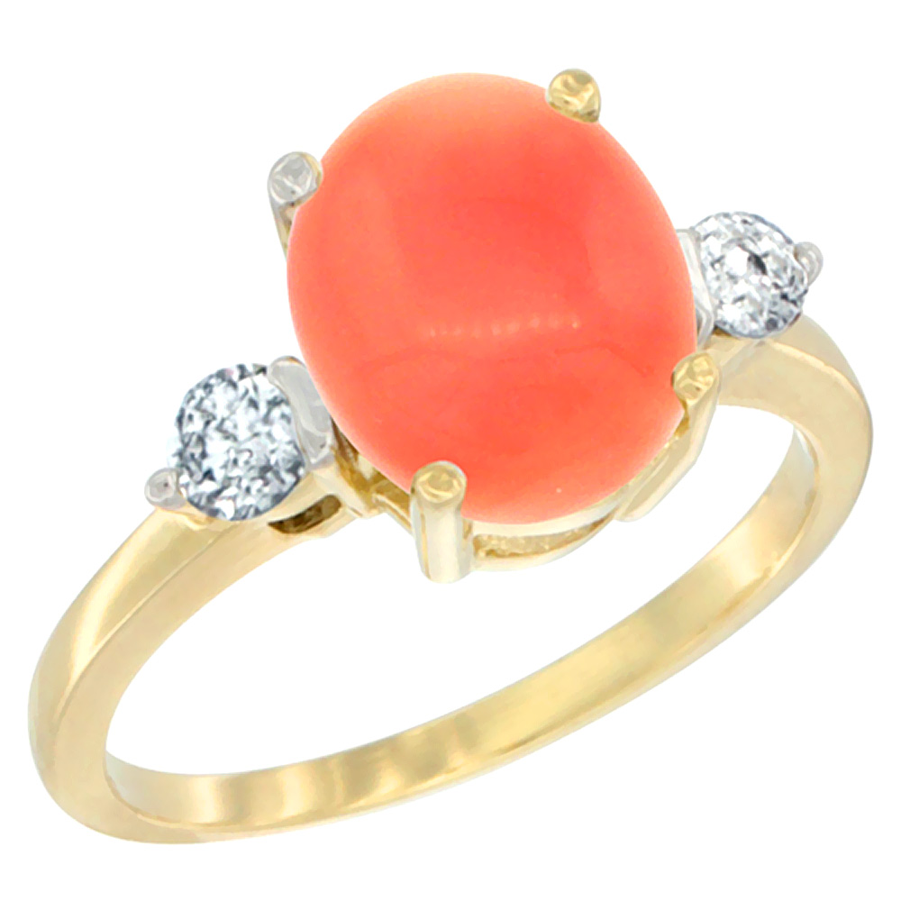 14K Yellow Gold 10x8mm Oval Natural Coral Ring for Women Diamond Side-stones sizes 5 - 10