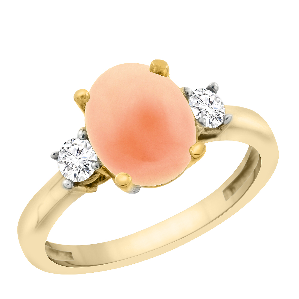 10K Yellow Gold Natural Coral Engagement Ring Oval 10x8 mm Diamond Sides, sizes 5 - 10