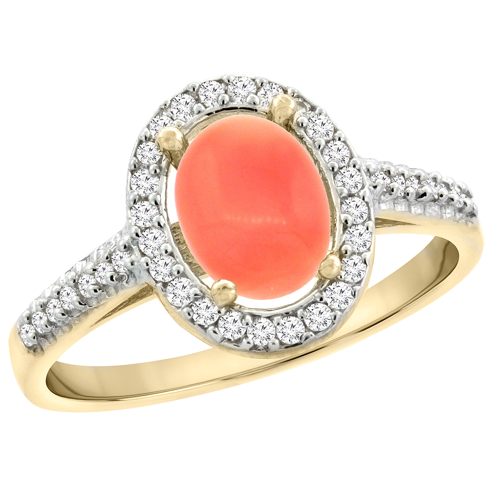 10K Yellow Gold Natural Coral Engagement Ring Oval 7x5 mm Diamond Halo, sizes 5 - 10