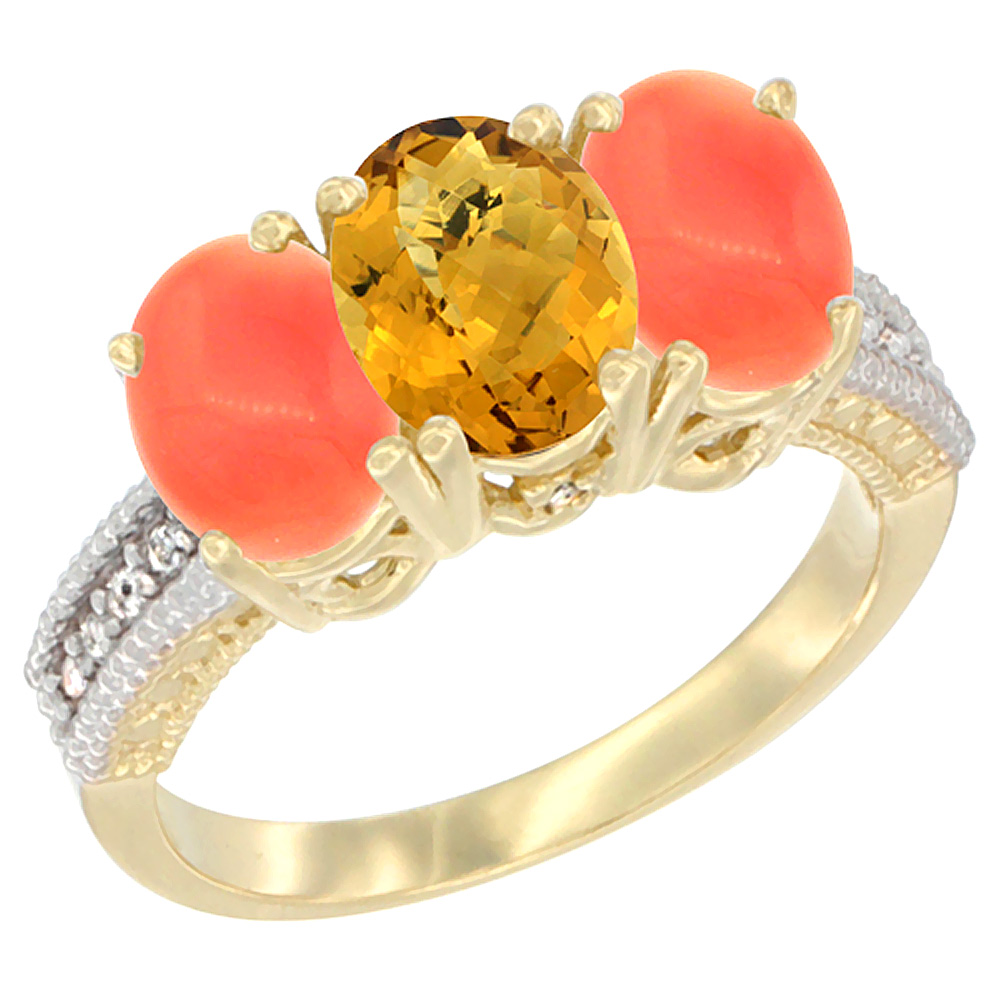 14K Yellow Gold Natural Whisky Quartz Ring with Coral 3-Stone 7x5 mm Oval Diamond Accent, sizes 5 - 10