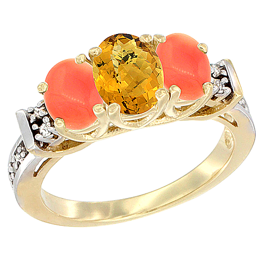 14K Yellow Gold Natural Whisky Quartz & Coral Ring 3-Stone Oval Diamond Accent