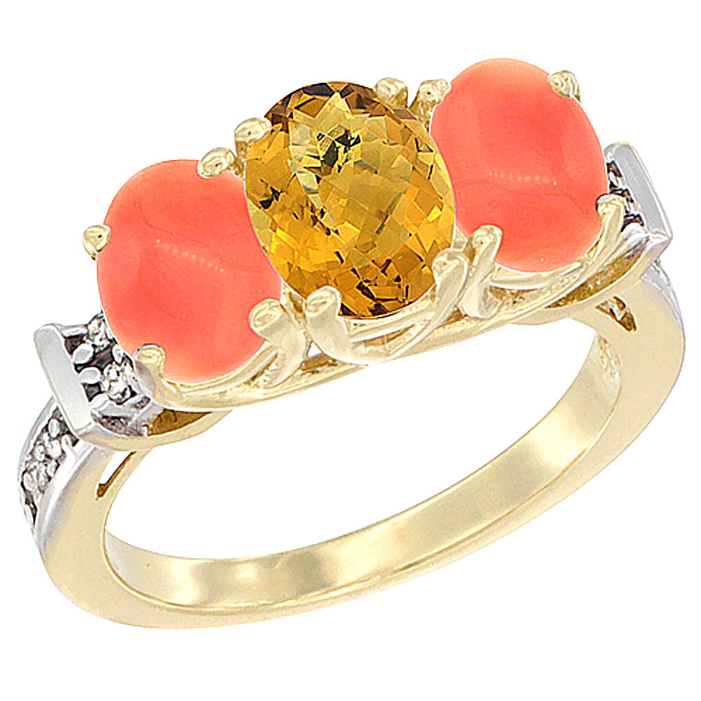 14K Yellow Gold Natural Whisky Quartz & Coral Sides Ring 3-Stone Oval Diamond Accent, sizes 5 - 10
