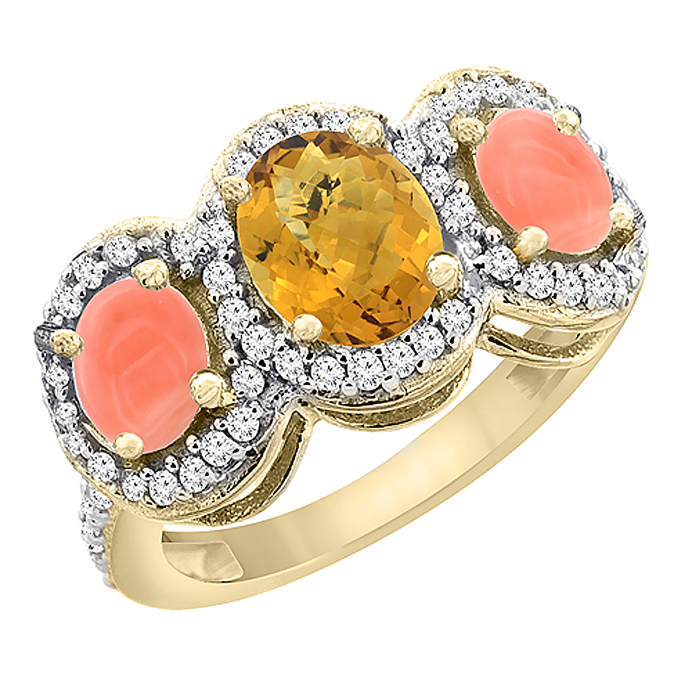 10K Yellow Gold Natural Whisky Quartz & Coral 3-Stone Ring Oval Diamond Accent, sizes 5 - 10
