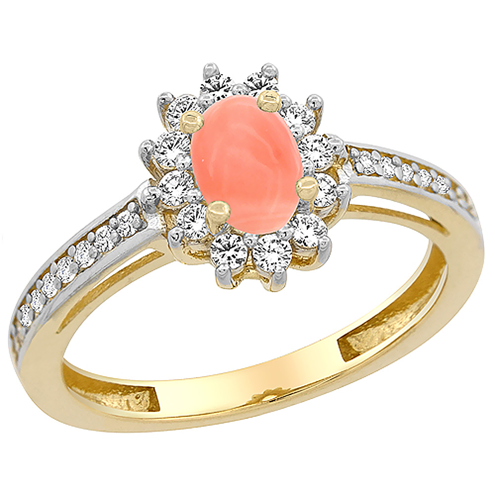 14K Yellow Gold Natural Coral Flower Halo Ring Oval 6x4mm Diamond Accents, sizes 5 - 10