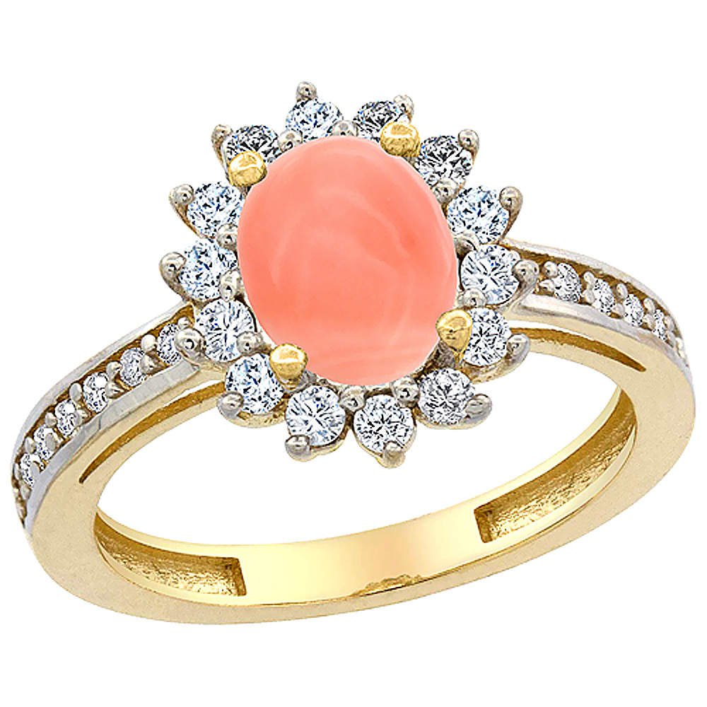 10K Yellow Gold Natural Coral Floral Halo Ring Oval 8x6mm Diamond Accents, sizes 5 - 10