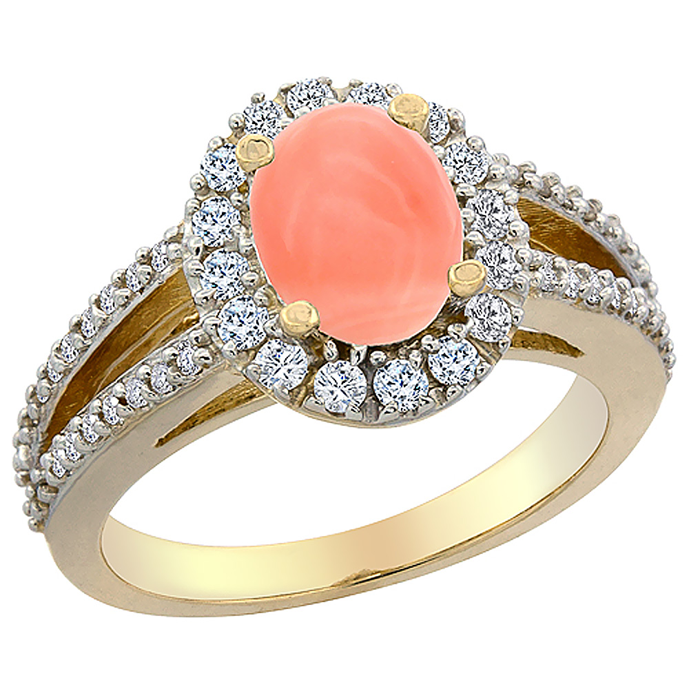 10K Yellow Gold Natural Coral Halo Ring Oval 8x6 mm with Diamond Accents, sizes 5 - 10
