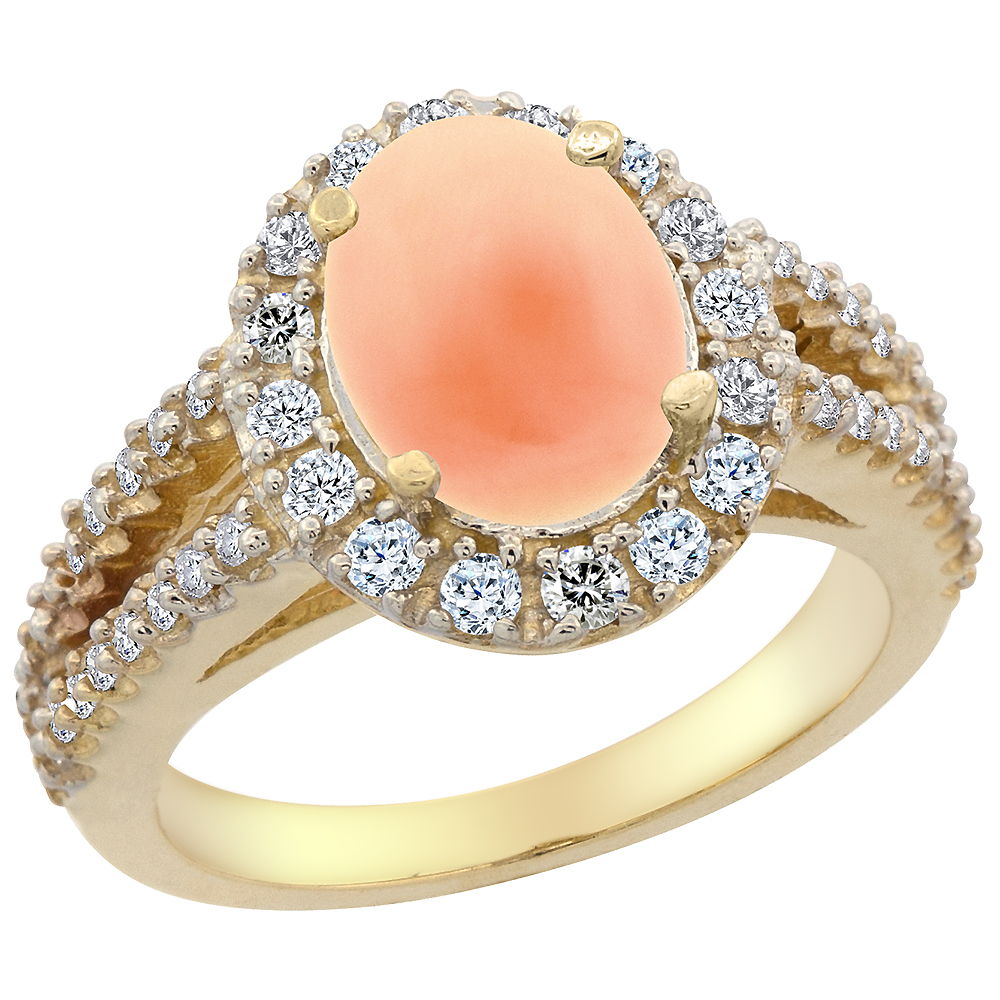 14K Yellow Gold Diamond Natural Coral Engagement Ring Oval 10x8mm, sizes 5-10