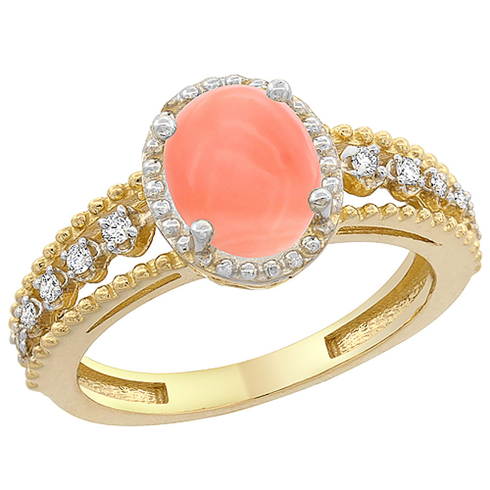 14K Yellow Gold Natural Coral Ring Oval 9x7 mm Floating Diamond Accents, sizes 5 - 10