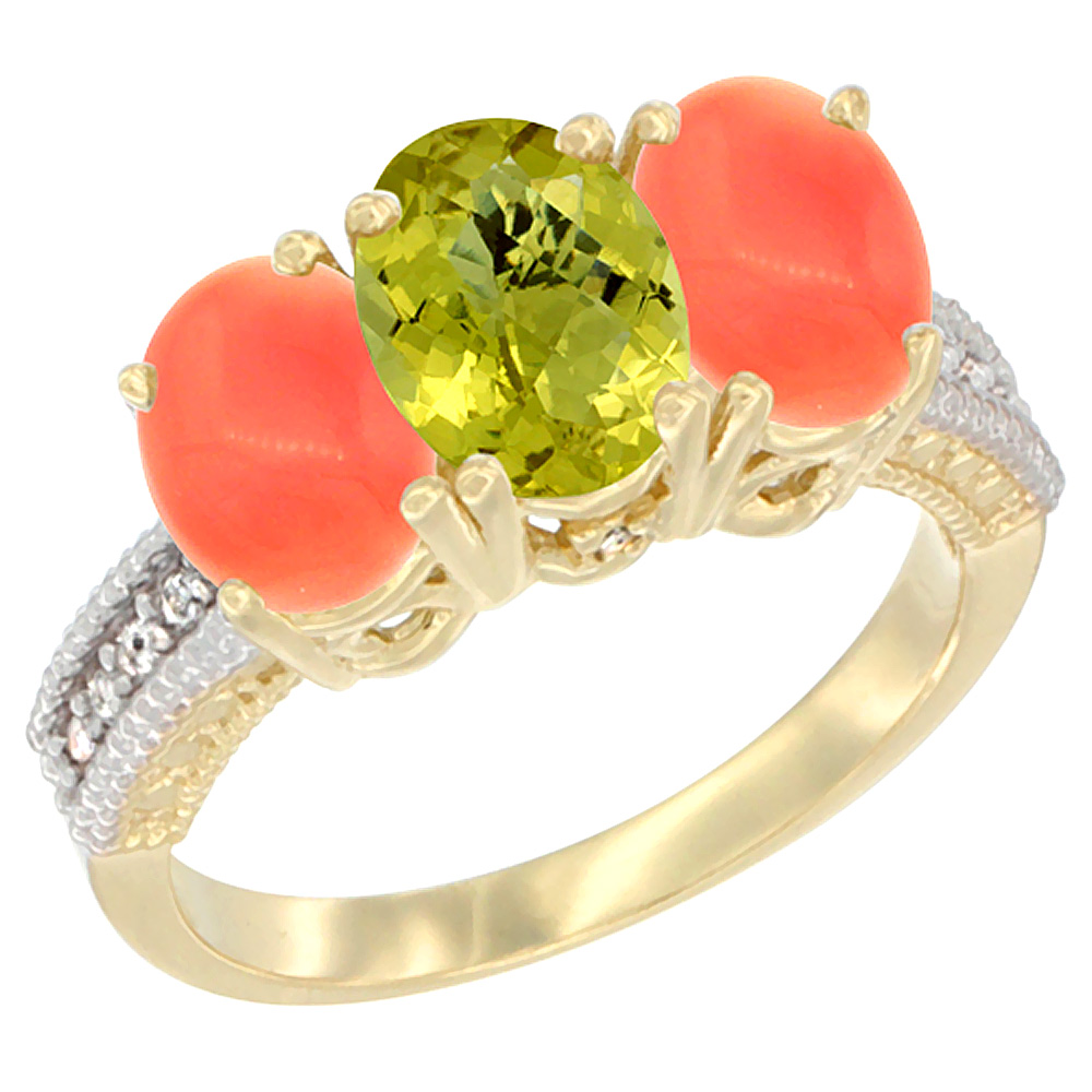 14K Yellow Gold Natural Lemon Quartz Ring with Coral 3-Stone 7x5 mm Oval Diamond Accent, sizes 5 - 10