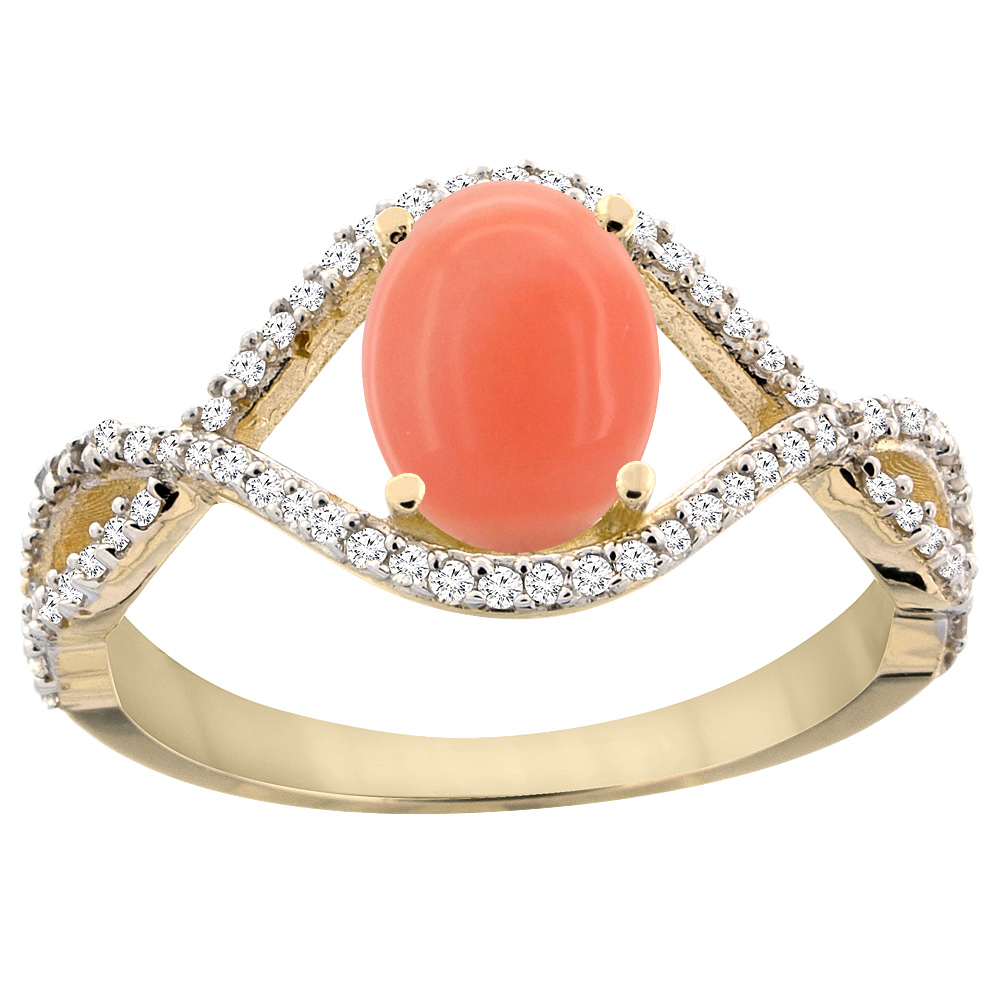 10K Yellow Gold Natural Coral Ring Oval 8x6 mm Infinity Diamond Accents, sizes 5 - 10