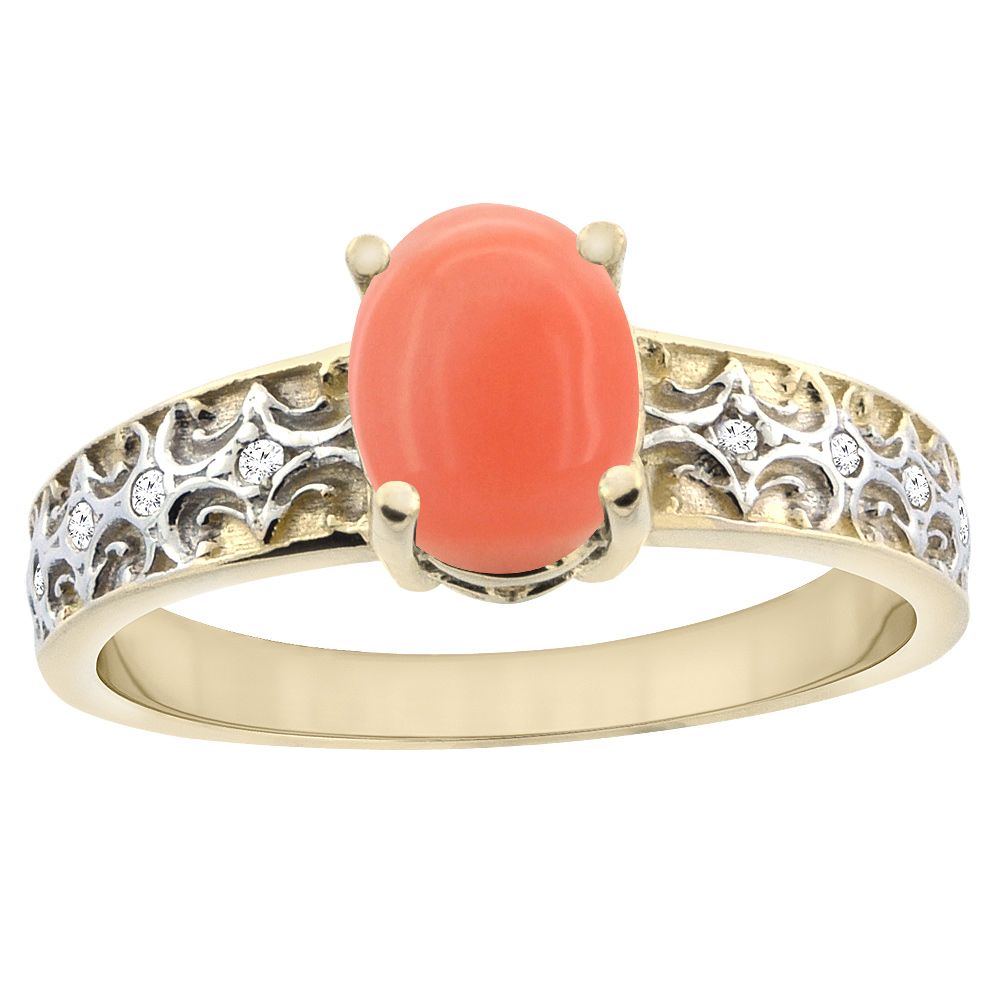 10K Yellow Gold Natural Coral Ring Oval 8x6 mm Diamond Accents, sizes 5 - 10