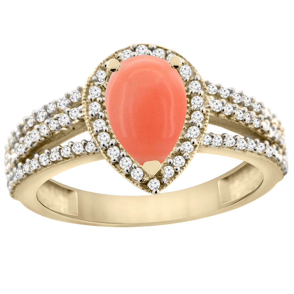 10K Yellow Gold Natural Coral Ring 9x7 Pear Halo Diamond, sizes 5 - 10