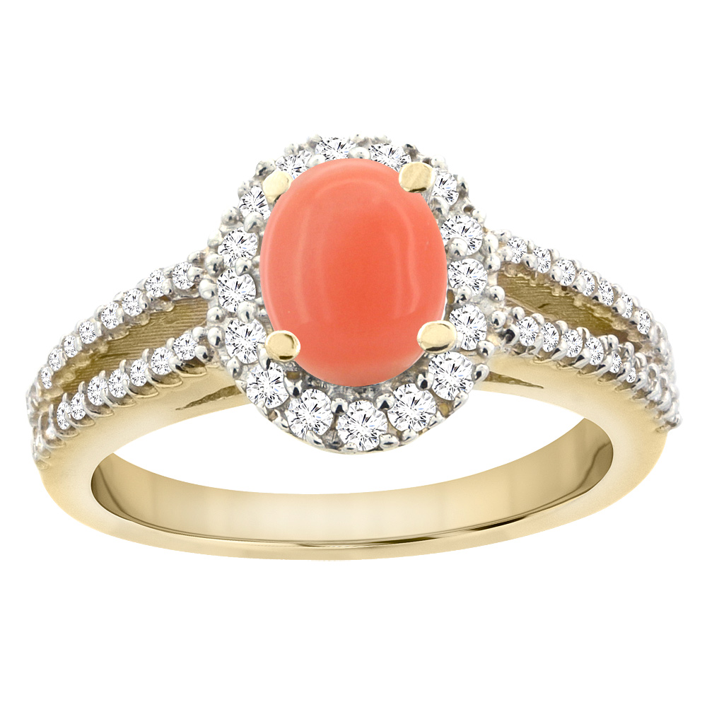 14K Yellow Gold Natural Coral Split Shank Halo Engagement Ring Oval 7x5 mm, sizes 5 - 10