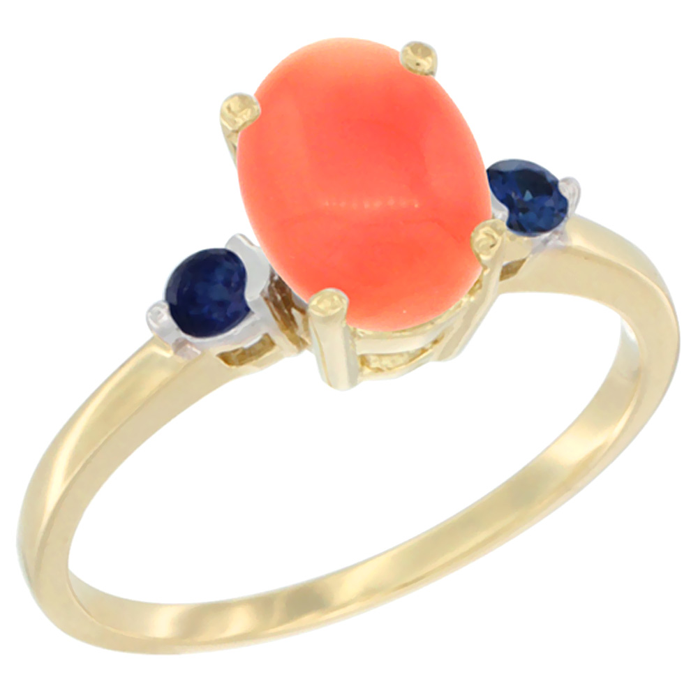 10K Yellow Gold Natural Coral Ring Oval 9x7 mm Blue Sapphire Accent, sizes 5 to 10