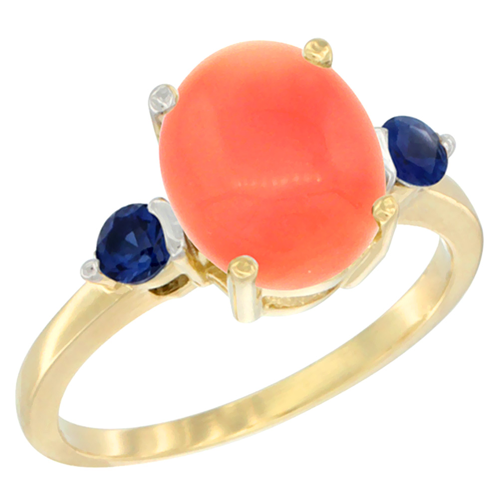 14K Yellow Gold 10x8mm Oval Natural Coral Ring for Women Blue Sapphire Side-stones sizes 5 - 10