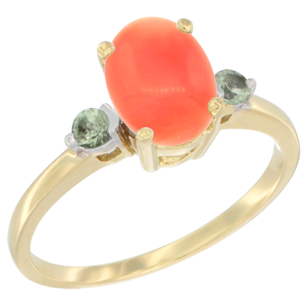 10K Yellow Gold Natural Coral Ring Oval 9x7 mm Green Sapphire Accent, sizes 5 to 10