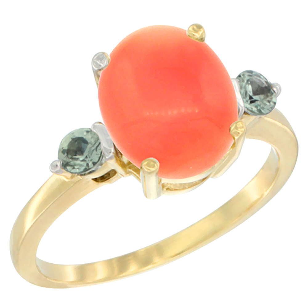 14K Yellow Gold 10x8mm Oval Natural Coral Ring for Women Green Sapphire Side-stones sizes 5 - 10