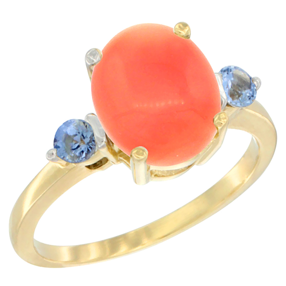 10K Yellow Gold 10x8mm Oval Natural Coral Ring for Women Light Blue Sapphire Side-stones sizes 5 - 10