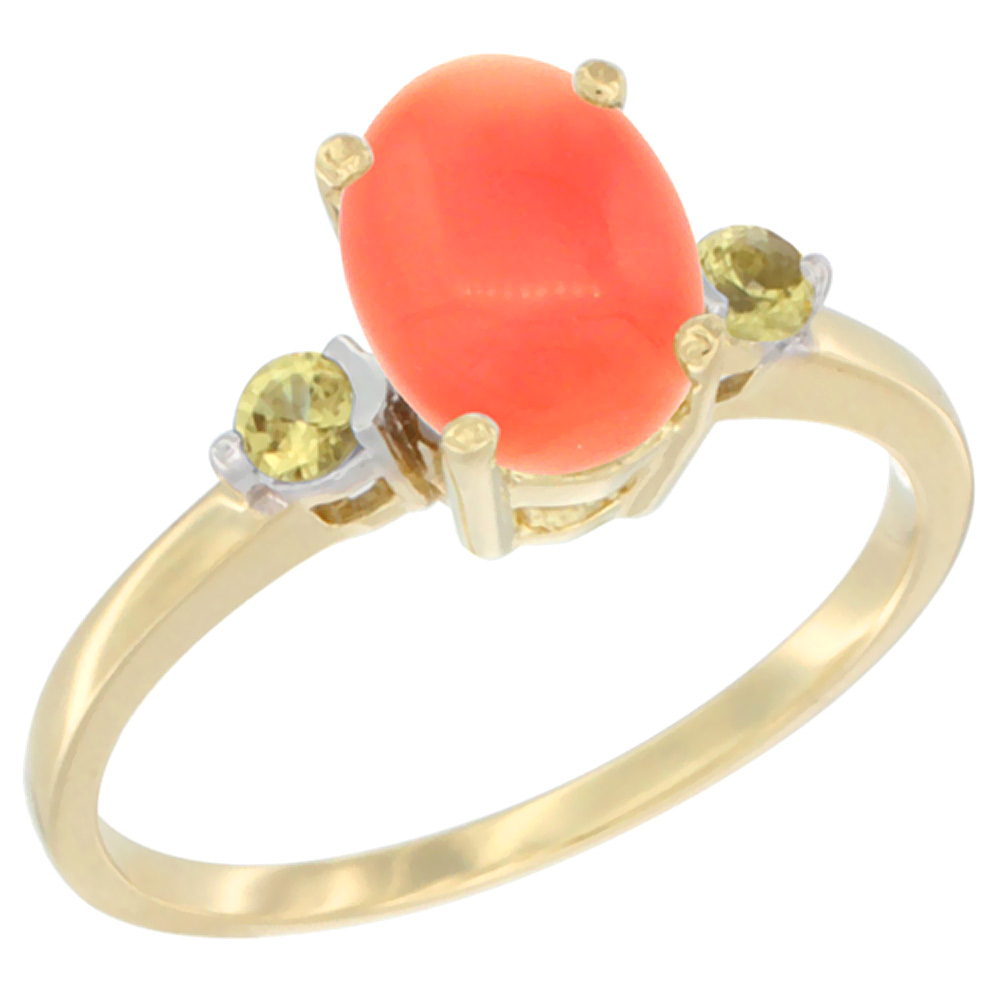 14K Yellow Gold Natural Coral Ring Oval 9x7 mm Yellow Sapphire Accent, sizes 5 to 10
