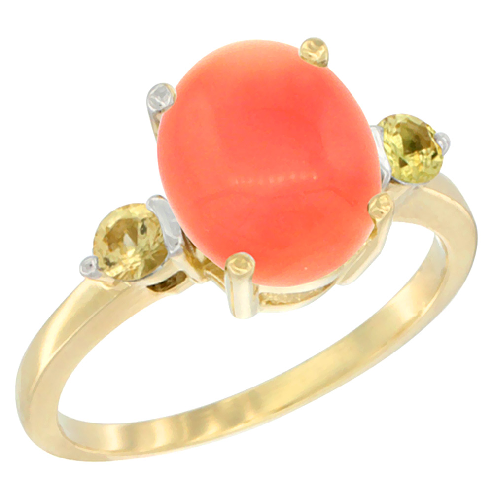 10K Yellow Gold 10x8mm Oval Natural Coral Ring for Women Yellow Sapphire Side-stones sizes 5 - 10