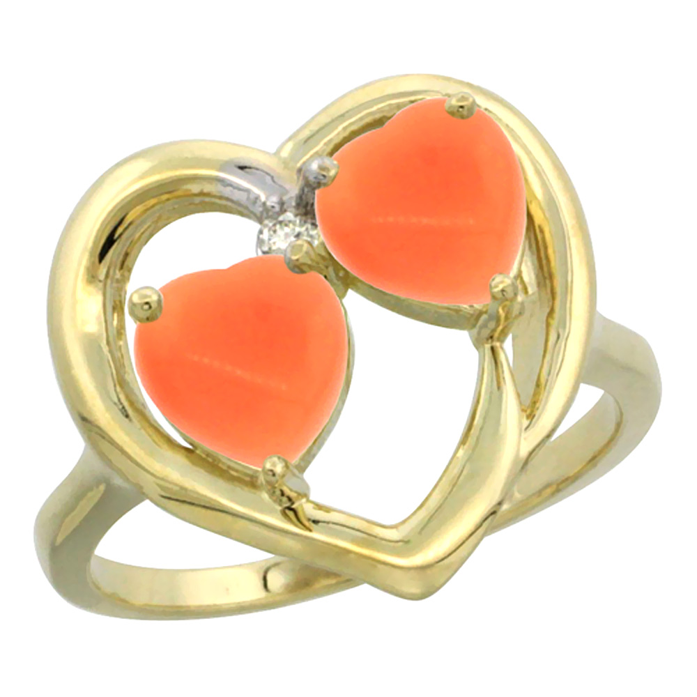 10K Yellow Gold Diamond Two-stone Heart Ring 6mm Natural Coral, sizes 5-10