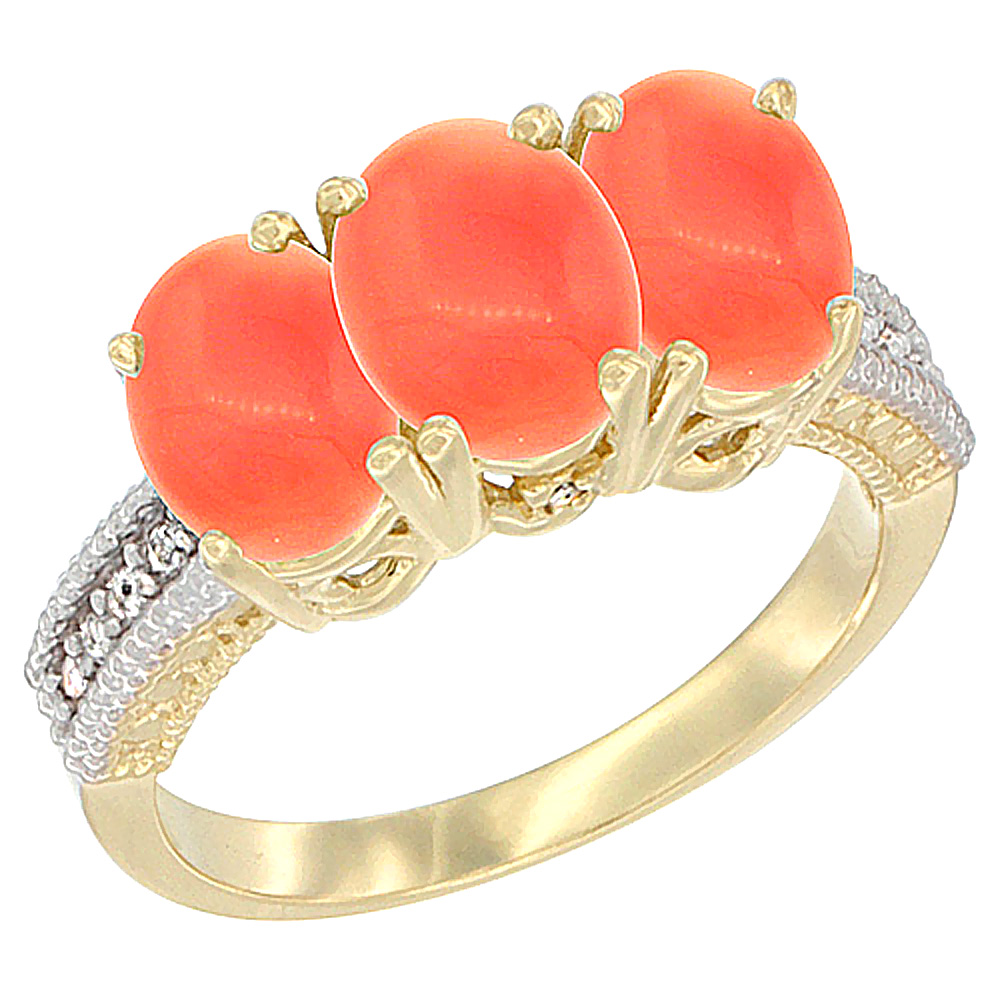 14K Yellow Gold Natural Coral Ring 3-Stone 7x5 mm Oval Diamond Accent, sizes 5 - 10