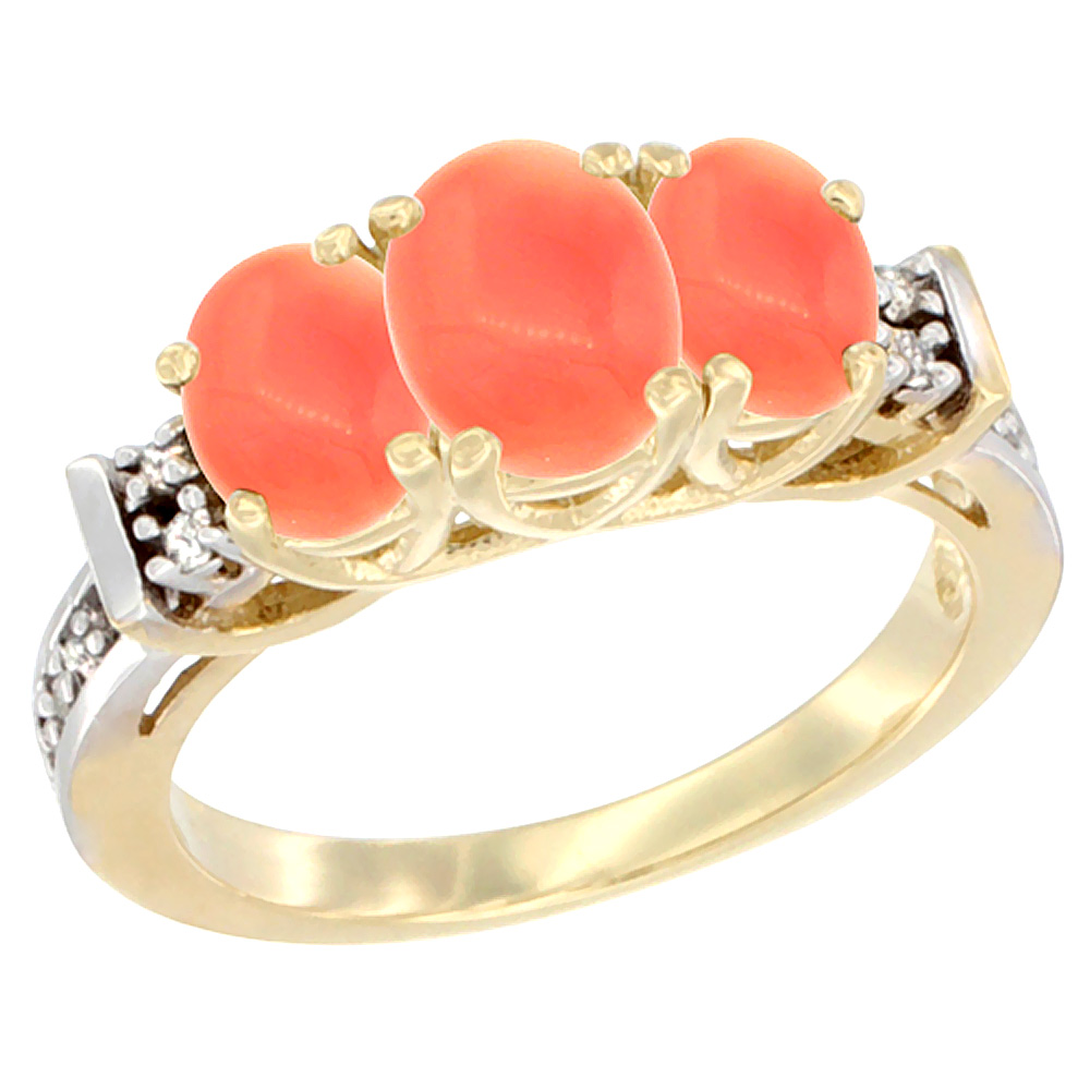 10K Yellow Gold Natural Coral Ring 3-Stone Oval Diamond Accent
