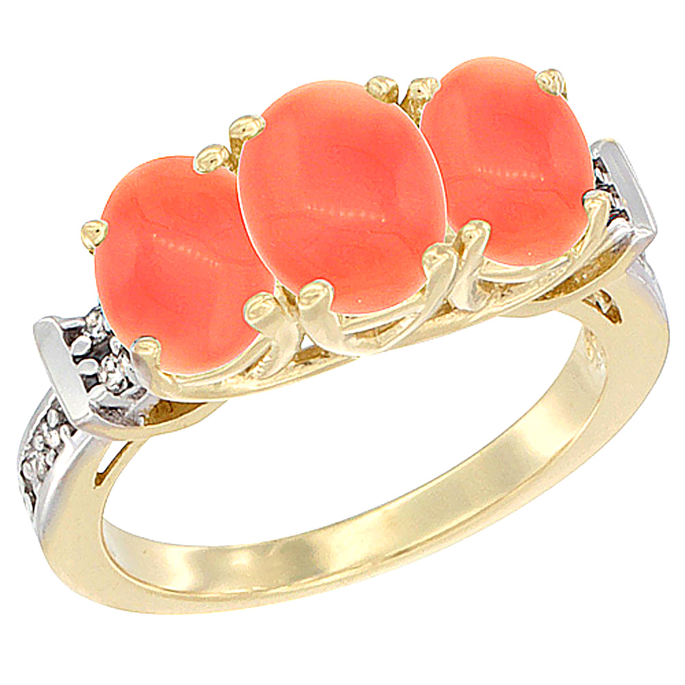 14K Yellow Gold Natural Coral Ring 3-Stone Oval Diamond Accent, sizes 5 - 10