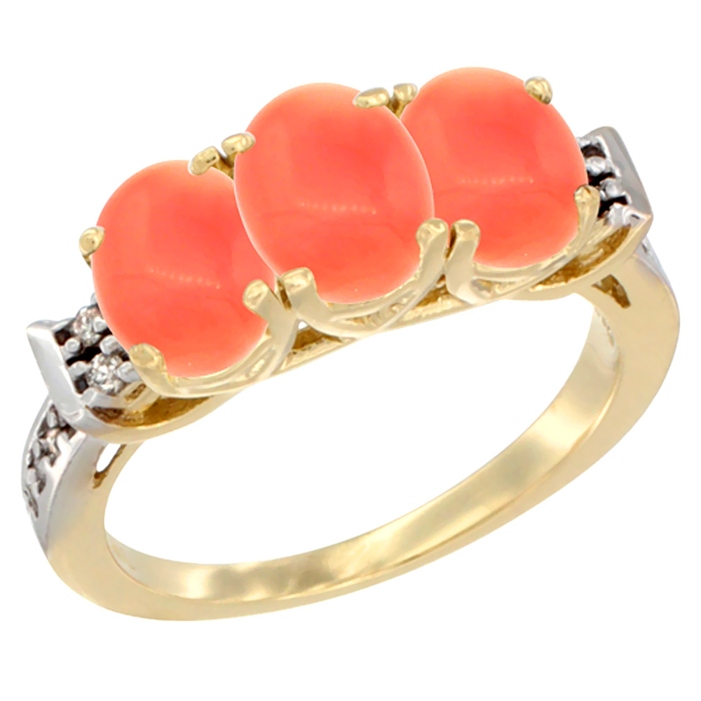 10K Yellow Gold Natural Coral Ring 3-Stone Oval 7x5 mm Diamond Accent, sizes 5 - 10