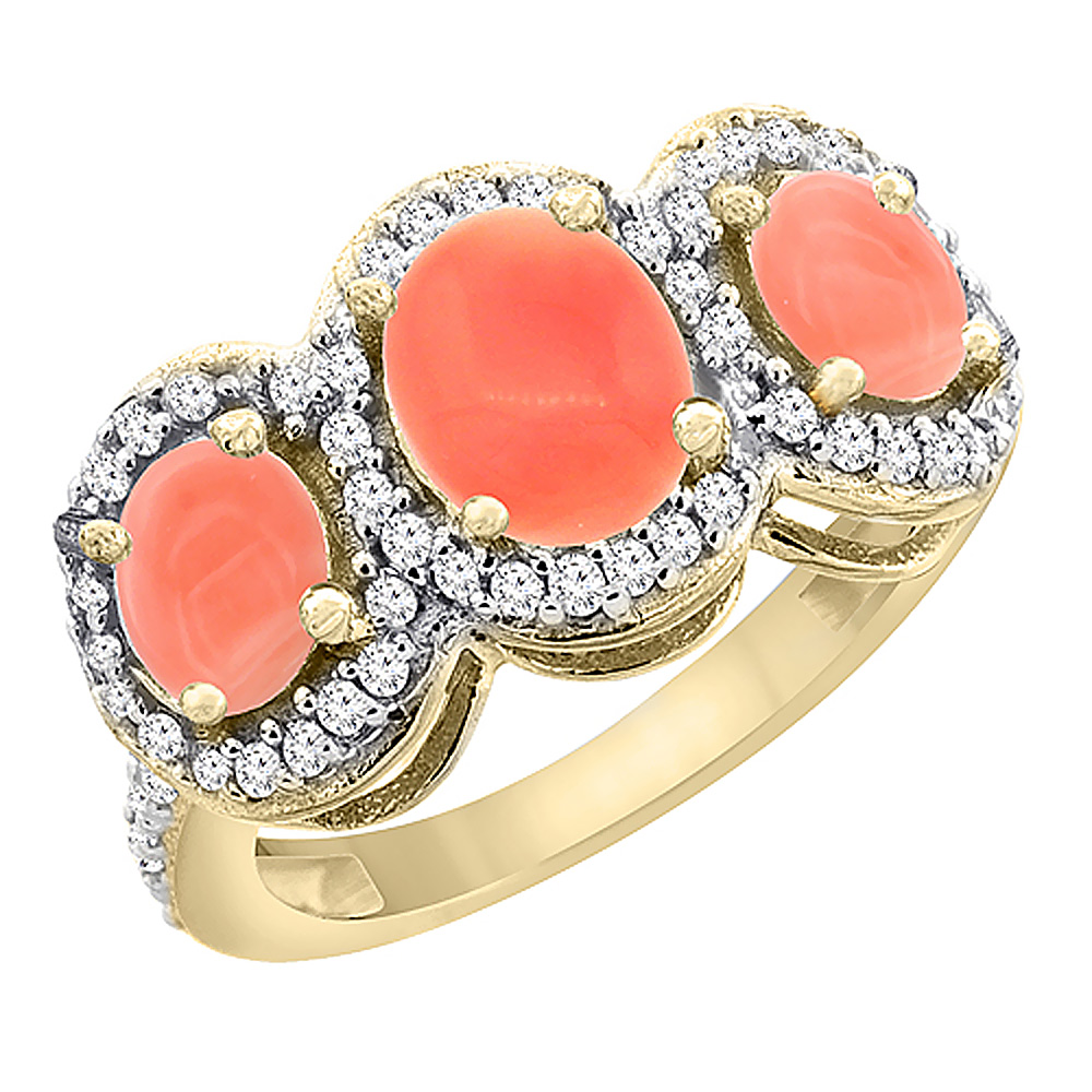 14K Yellow Gold Natural Coral 3-Stone Ring Oval Diamond Accent, sizes 5 - 10
