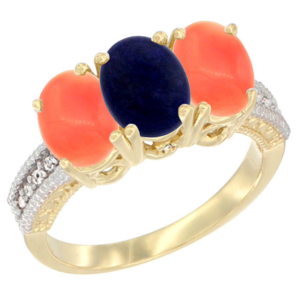 14K Yellow Gold Natural Lapis Ring with Coral 3-Stone 7x5 mm Oval Diamond Accent, sizes 5 - 10