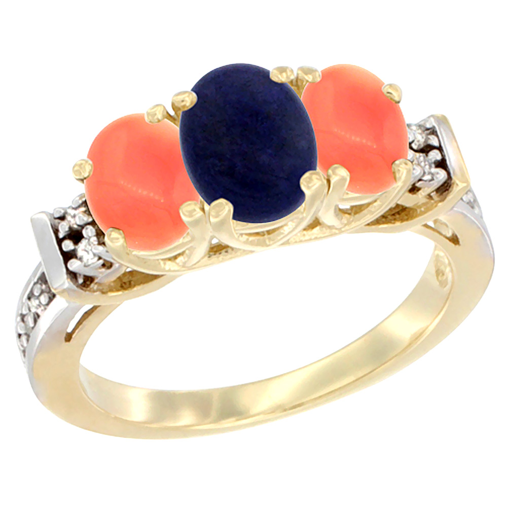 10K Yellow Gold Natural Lapis & Coral Ring 3-Stone Oval Diamond Accent