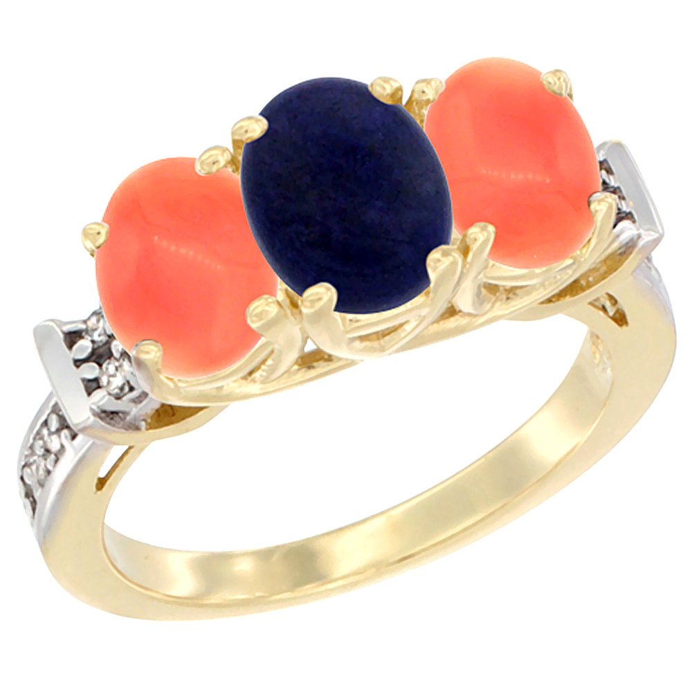 14K Yellow Gold Natural Lapis &amp; Coral Sides Ring 3-Stone Oval Diamond Accent, sizes 5 - 10