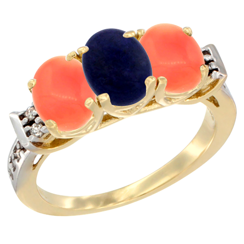 10K Yellow Gold Natural Lapis &amp; Coral Sides Ring 3-Stone Oval 7x5 mm Diamond Accent, sizes 5 - 10