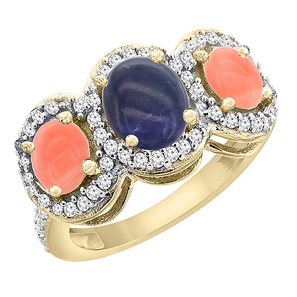 14K Yellow Gold Natural Lapis &amp; Coral 3-Stone Ring Oval Diamond Accent, sizes 5 - 10