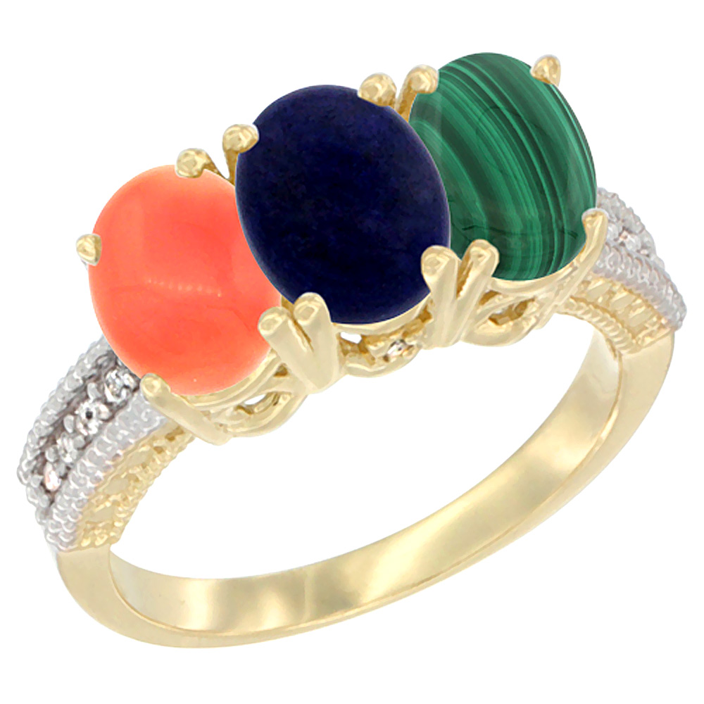14K Yellow Gold Natural Coral, Lapis Ring with Malachite Ring 3-Stone 7x5 mm Oval Diamond Accent, sizes 5 - 10