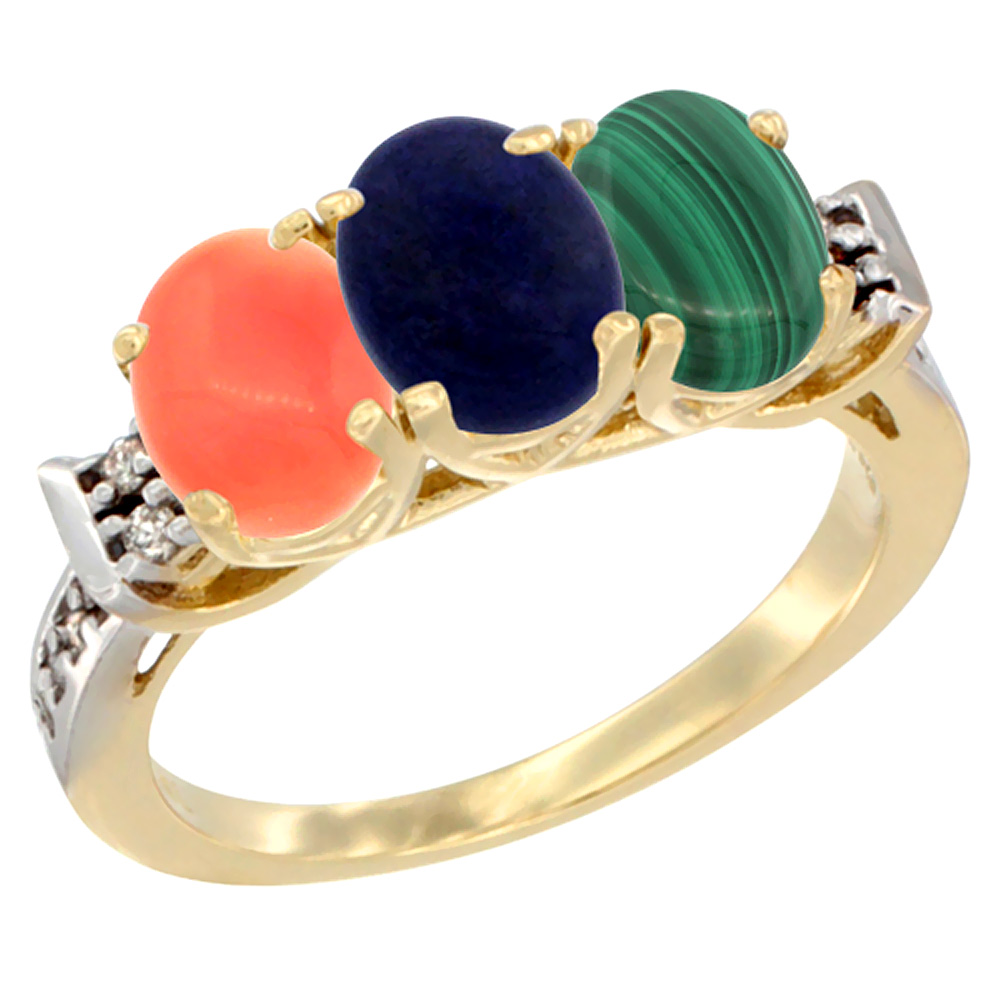 10K Yellow Gold Natural Coral, Lapis & Malachite Ring 3-Stone Oval 7x5 mm Diamond Accent, sizes 5 - 10