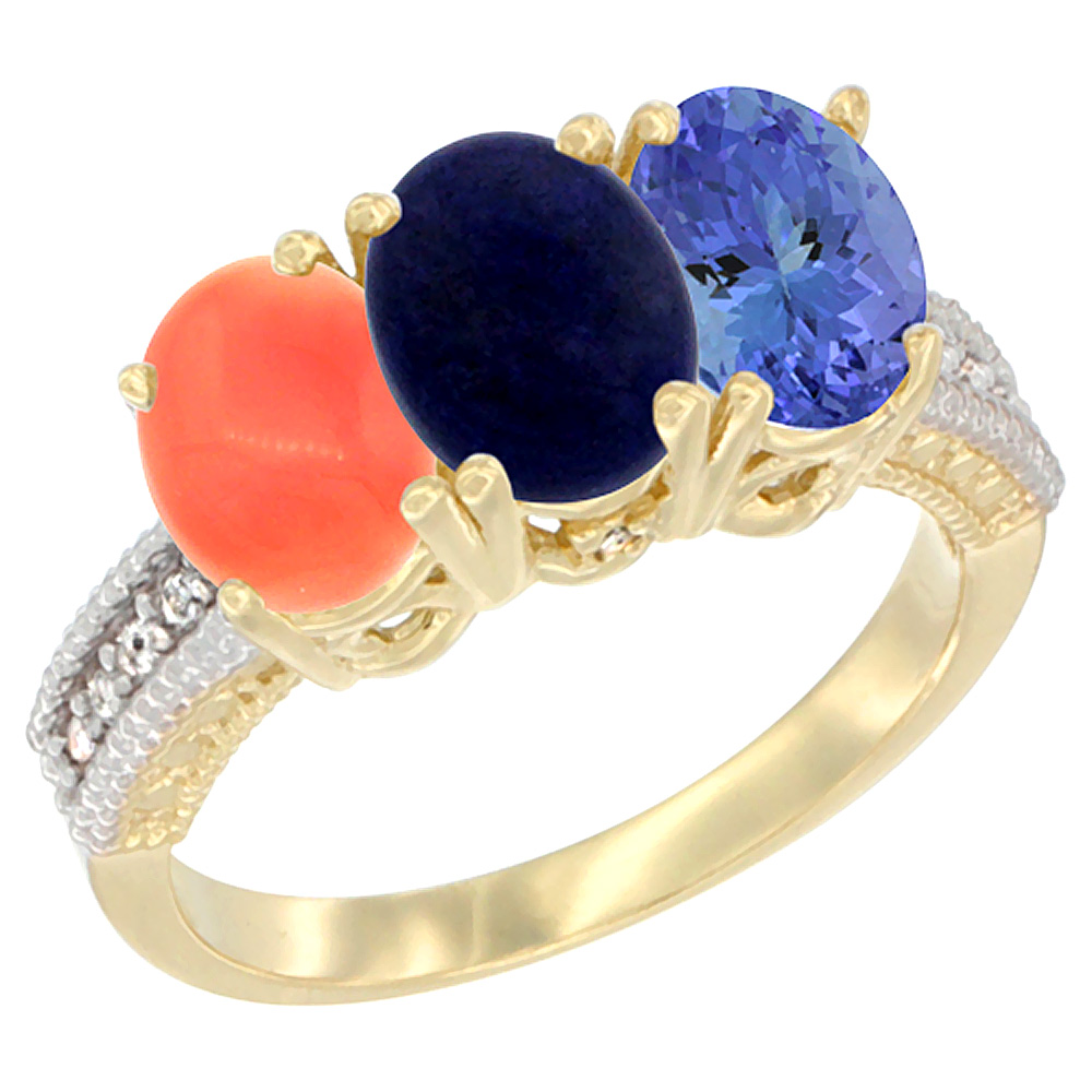 14K Yellow Gold Natural Coral, Lapis Ring with Tanzanite Ring 3-Stone 7x5 mm Oval Diamond Accent, sizes 5 - 10