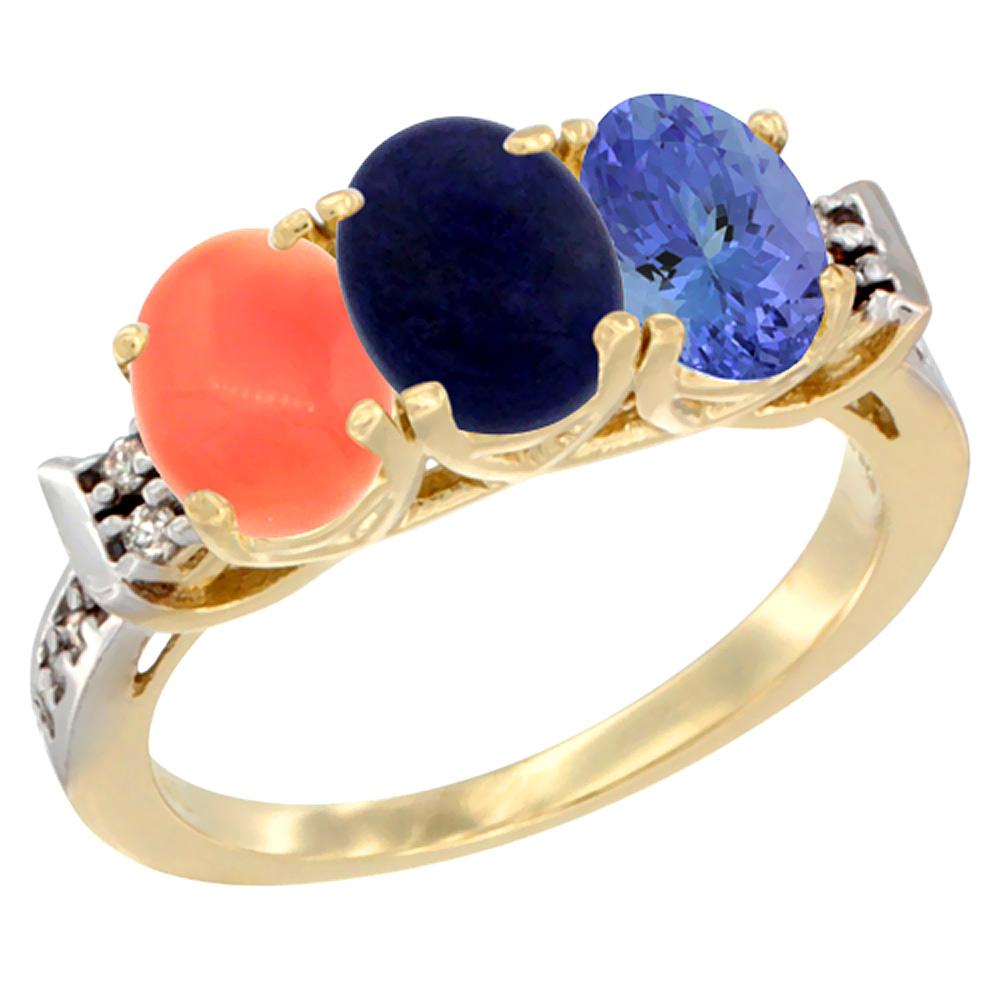 14K Yellow Gold Natural Coral, Lapis &amp; Tanzanite Ring 3-Stone 7x5 mm Oval Diamond Accent, sizes 5 - 10