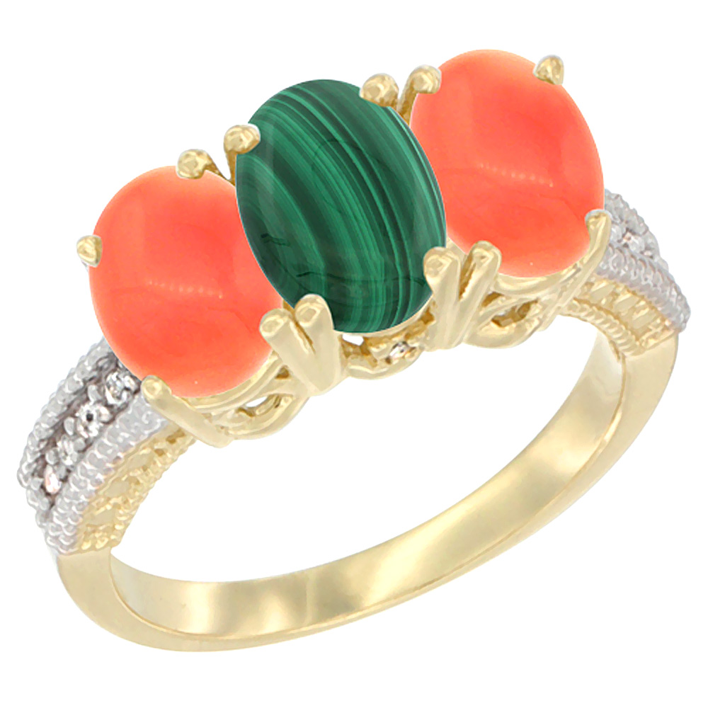 14K Yellow Gold Natural Malachite Ring with Coral 3-Stone 7x5 mm Oval Diamond Accent, sizes 5 - 10